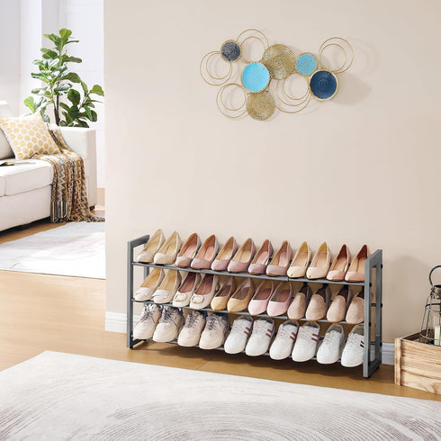 3-Tier Closet FAVOOSTY Expandable Shoe Rack, Adjustable Shoe Shelf Storage Organizer Space Saving Metal Free Standing