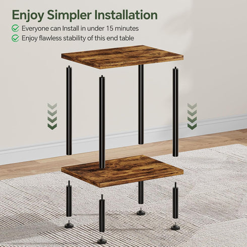 2 Simple Trending Side Table, Small End Table Living Room, Nightstand with Tier Storage Shelves, Rustic Brown