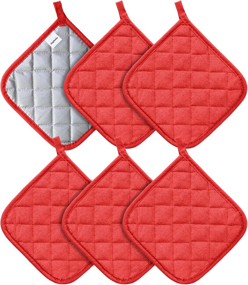 Joyhalo 6 Pack Pot Holders for Kitchen - Cotton Oven Holder with Great Heat Resistance, Non-Slip Hot Pads, Red
