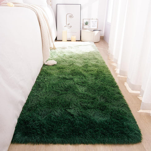 DweIke Luxury Shag Area Rug, 2x6 Feet Gradient Dark Green Rug Runner, Non-Slip Extra Comfy Plush Bedroom Decor