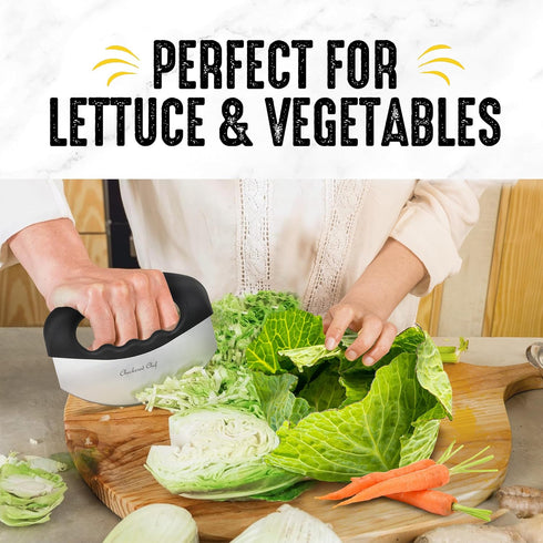 Checkered Chef Salad Chopper Tool with Cover - Mezzaluna Knife Stainless Steel Vegetable Rocker