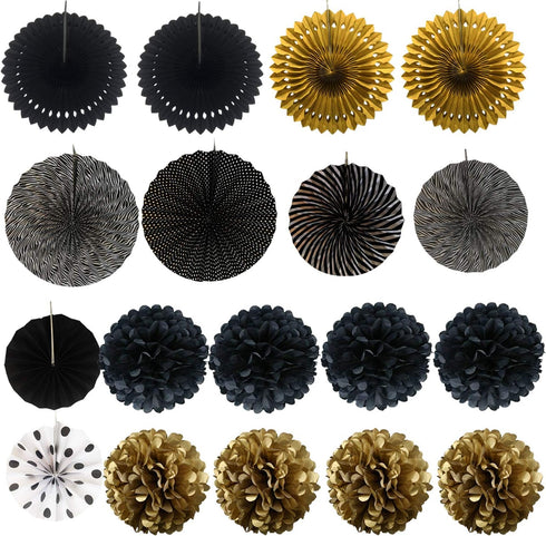 ZERODECO Party Decoration, 21 Pcs Black and Gold Hanging Paper Fans, Pom Poms, Garlands for Birthday Wedding Décor
