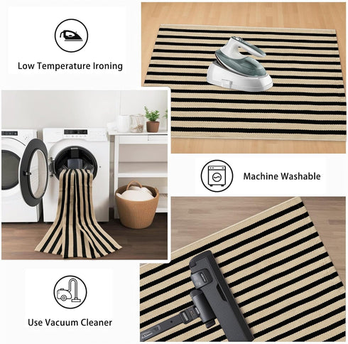 Black and Tan Outdoor Rug 24"x35", Washable Reversible Striped Door Mat, Hand-Woven Farmhouse Throw Rug