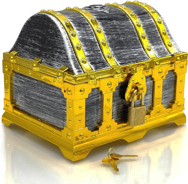 Kids Golden Frame Pirate Treasure Chest with Lock and Key, Decorative Storage Box for Birthday Pirate Party Favors