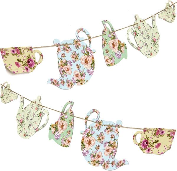 Tea Party Decoration Banner 2 Pack, 12 Pre-Strung Cups, Vintage Garden Teapot Decor for Girls, Bridal Showers