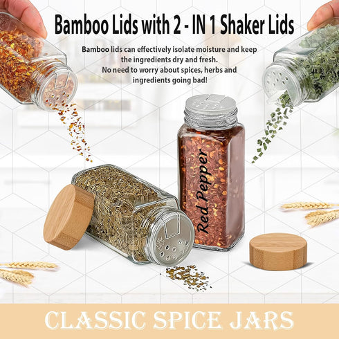 Glass Spice Jars with Bamboo Airtight Lids, 6 Pack, 4 oz Square Bottles with Shaker Lids
