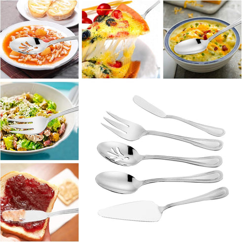 HaWare Stainless Steel Silverware Serving Set, 5 Pieces, Pearled Edge Hostess Set for Buffet Party Kitchen, Dishwasher