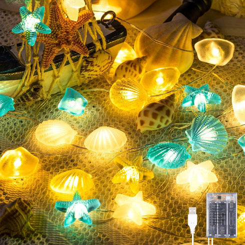 1 Pcs Ocean Beach Themed Sea Life Decorative String Lights 10 FT 30 LEDs, Starfish and Seashell Design for Summer Room