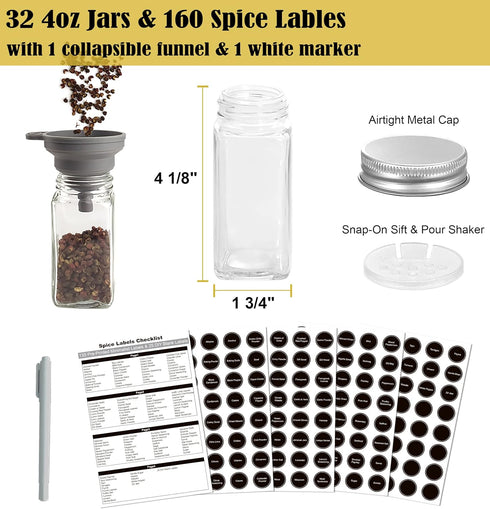 Ardier 4 32 160 Set Countertop Tier Spice Rack Organizer with Square Spice Jars and Spice Labels for Kitchen Cabinet