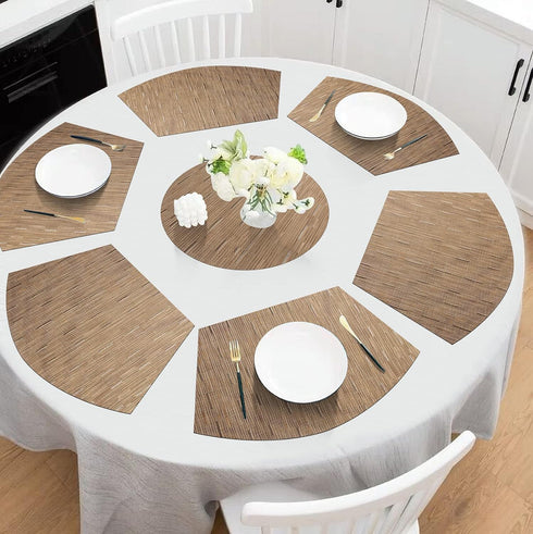 SHACOS Round Table Placemats Set of 7, Woven Vinyl Wedge Placemats, Heat Resistant, Tan