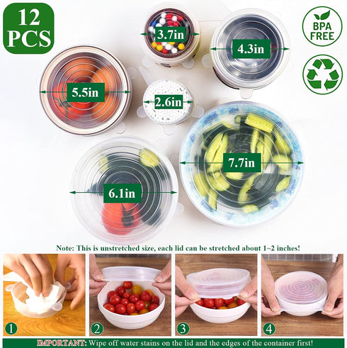 Adpartner Silicone Stretch Lids, 12 Pack of Reusable BPA-free Covers for Food Storage