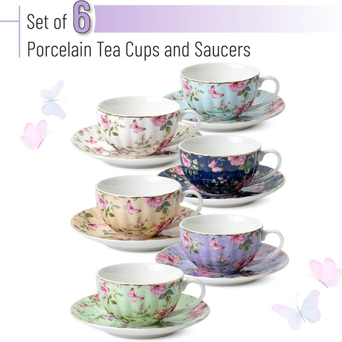 Set 6 (7 oz), Set 6, BTaT- Floral Tea Cups and Saucers of Porcelain Tea Cups of Modern Midnight Floral Design with Gold