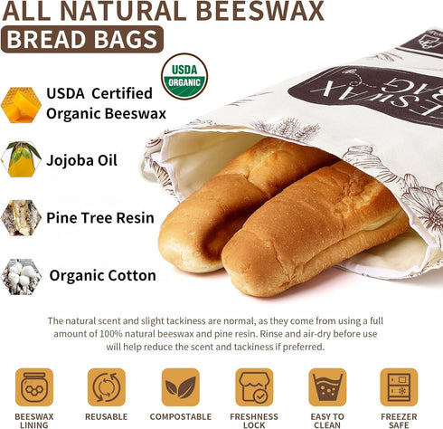 2 Pack Organic Beeswax Bread Bags for Bread & Sourdough, XL Organic Linen Reusable Bread Storage Bag with Removable