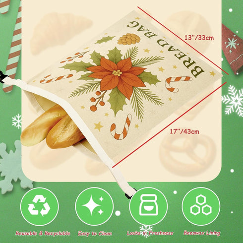 5PCS Set 2 3 Christmas Beeswax Bread Bags Reusable Bread Bags + Wax Paper Sheets,Eco-Friendly Beeswax Wraps