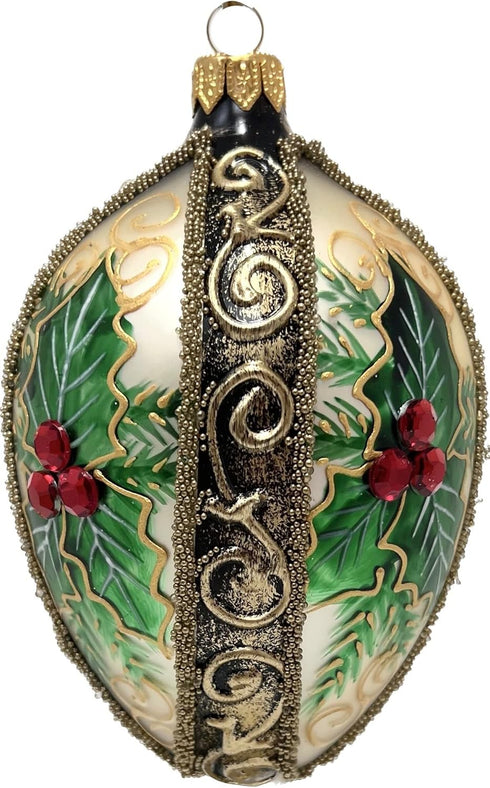 5-Inch Faberg Egg Blown Glass Christmas Tree Ornament Mistletoe Leaf Gold