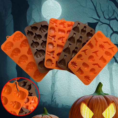 5PCS Halloween Themed Silicone Molds, 70 Cavity 3D Skeleton Pumpkin Ghost Bat Shapes for Baking