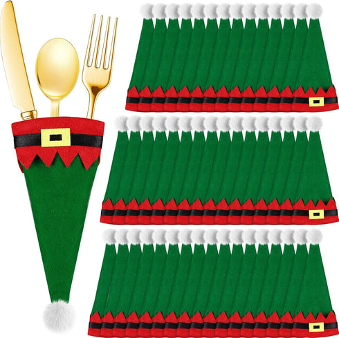 Hiboom 50 Pcs Christmas Cutlery Holders, Elf Hats Non Woven Fabric Silverware Storage Bag for Table Flatware