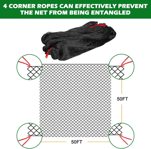 50'x50' 2" BSTPCOO with Mesh Bird Netting for Chicken Coop with Bird Scare Tape, Hawk Nettings for Chicken Run, Heavy