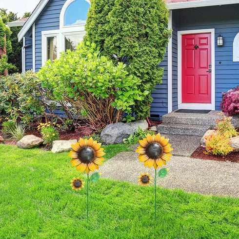 YEAHOME 2 Pack Garden Decor, 22.4“ Sunflower Garden Stakes, Metal Flowers with Shaking Head for Outdoor Decoration