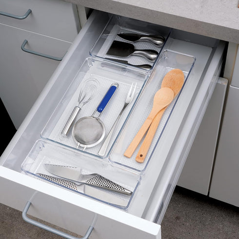 Oggi Set of 3 Clear Drawer Organizers, Ideal for Organizing Kitchen Drawers, Office, Desk, and Bathroom Utensils