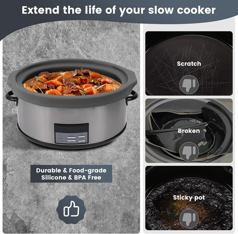 Slow Cooker Liners, Reusable & Leakproof Silicone for 7-8 QT Crock Pot, Dishwasher Safe, BPA Free (Grey)