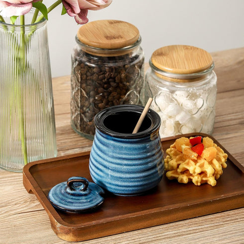 12 Set,Porcelain Ceramic Ounce Honey Jar and Dipper Honey Pot with Lid and Wooden Dipper,Cute Honey Containers