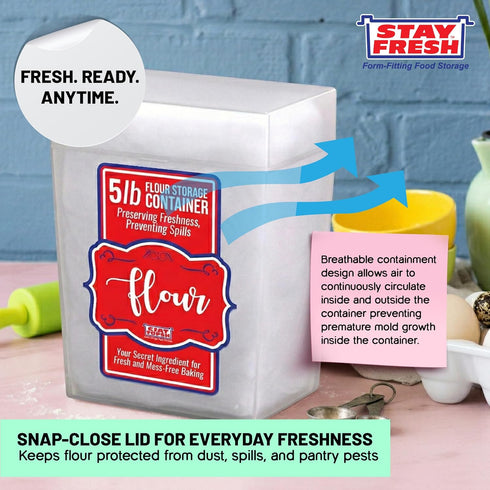5LB Stay Fresh Clear Storage Container - BPA Free Plastic Canister for Kitchen Pantry, Baking Needs - Holds Bag - Large