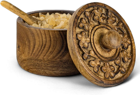 Mie Creations Rustic Salt Box Cellar with Hand Carved Lid & Spoon,