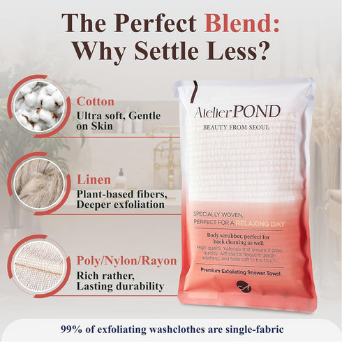 atelier POND 2-Pack Korean Exfoliating Washcloth, Soft Cotton-Blend Exfoliating Shower Towel for Sensitive Skin