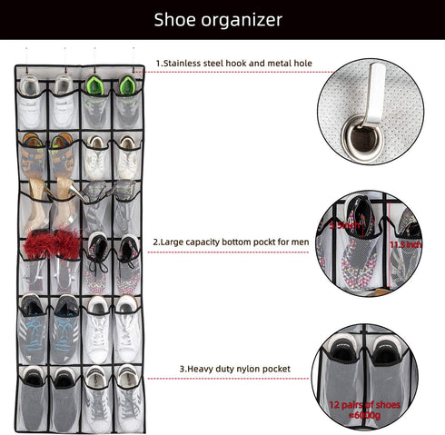 Over The Door Shoe Organizer: Hanging Shoe Rack with 24 Mesh Large Pockets for Men, Women, Kids