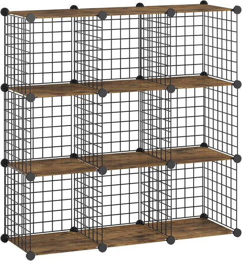 HOOBRO 9-Cube Wire Storage Organizer, Metal Grid Shelf, Modular Cabinet for Living Room, Bedroom, Rustic Brown and Black