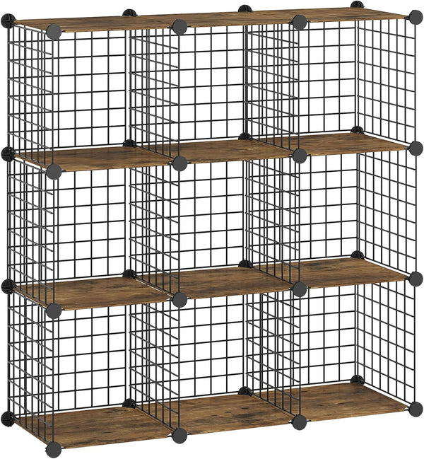HOOBRO 9-Cube Wire Storage Organizer, Metal Grid Shelf, Modular Cabinet for Living Room, Bedroom, Rustic Brown and Black