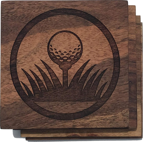 Wood Golf Ball Drink Coasters, Engraved Acacia Wood Golf Decor, Gift for Golfer (Set of 4)