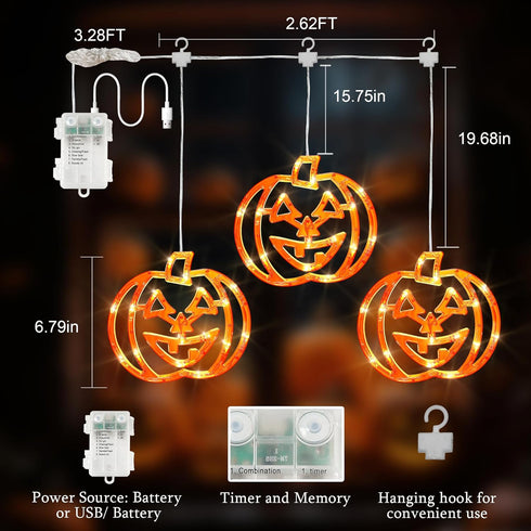 Lights,3 Pack 48LED Halloween Window Pumpkin String Light with Battery Operated,Timer Memory Hanging Orange Halloween