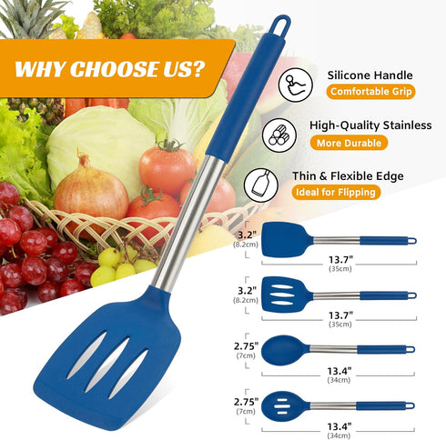 Kitchen Utensils Set of 4 Pack,Silicone Cooking Utensils Set for Nonstick Cookware,Perfect for Baking and Mixing,Spatula Set BPA Free,Dishwasher Safe,Blue by YASUEBI