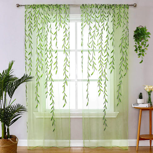 Green Sheer Curtains 108 Inches Long - Vine Leaf Patterned Curtains, 2 Panels for Living Room, Bedroom