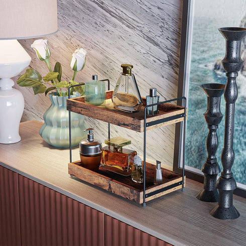 2-Tier Counter Countertop Bathroom Organizer, Wood Kitchen Spice Rack, Vanity Cosmetic Makeup Organizers Shelf