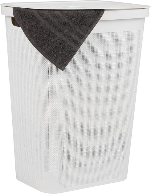 Mind Reader 60L Slim Laundry Hamper, Clothes Basket with Lid, Linen Design, Plastic, 18.25”L x 14.25”W x 23.5”H, White
