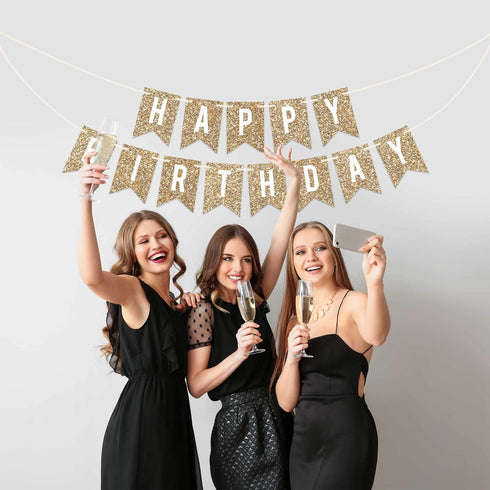 Pre-strung Happy Birthday Banner, Gold Glitter Birthday Party Banner, No DIY, 6 ft Strands