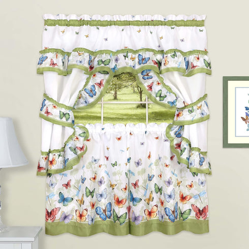 Printed Cottage Window Curtain Set - 57 Inch Width, 24 Inch Length - Green Butterflies - Polyester Soft Treatment
