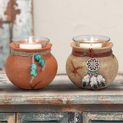 Southwest Pots Candle Holders – Set of 2 Rustic Votive Holders with Twine & Bead Accent – 3.6" x 2.8"