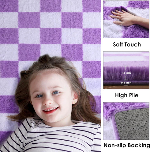 KICMOR 5x8 Purple Rugs for Living Room Bedroom, Fluffy Soft Checkered Area Rug Fuzzy Shag Shaggy Carpet, Indoor Furry