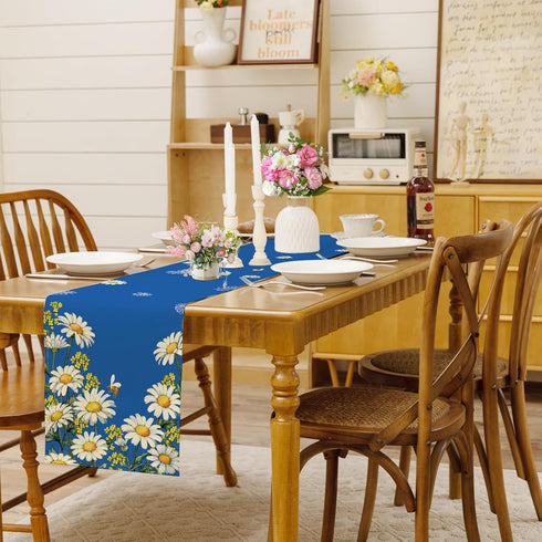 Summer 13x72 Inch Spring Daisy Floral Table Runner Bees Burlap Table Runners, Charming Blue Flowers Seasonal Coffee