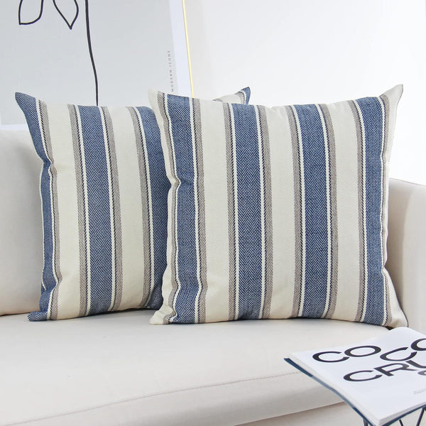 JOJUSIS Farmhouse Stripe Throw Pillow Covers, Pack of 2, 20 x 20 Inch, Blue