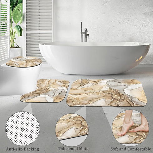 4PCS Sets Sets Set Beige Marble Bathroom with Shower Curtain and Rugs, Abstract Shower Curtain with Rugs for Bathroom