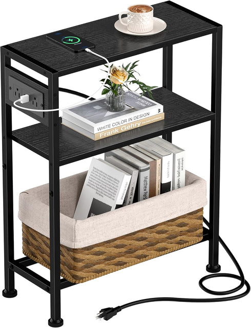 Small Narrow Side Table with Charging Station, Skinny End Table for Small