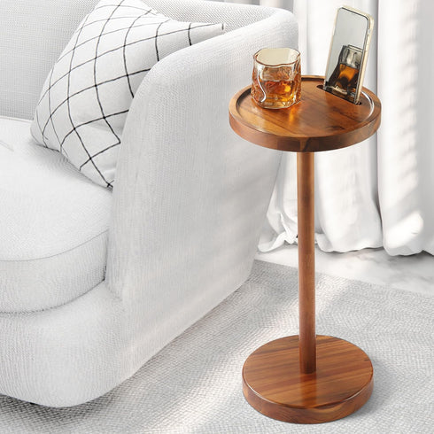 Pedestal Side Table, Acacia Drink Table with Weighted Base, Small Round Side