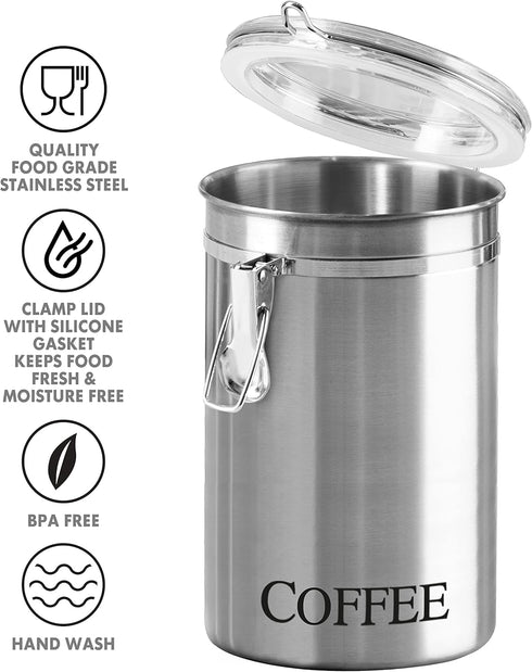 62 oz 5" 7.5". Oggi Stainless Steel Coffee Canister fl - Airtight Clamp Lid, Clear See-Thru Top - Ideal for Coffee Bean