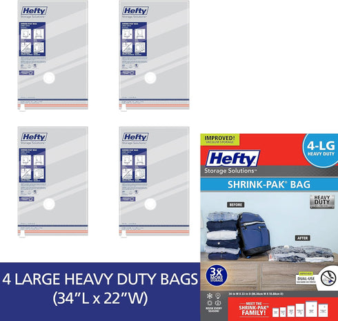 Hefty Shrink-Pak Vacuum Storage Bags - Space Saver Vacuum Storage Bags for Under Bed Storage, Clothing and Comforter Storage, Odor Resistant, 3X More Storage Space - 4 Large Heavy Duty Bags by Hefty