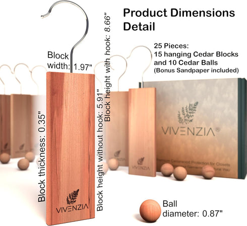 Cedar Blocks for Clothes Storage, 25 pcs Including 15 Hang-ups and 10 Balls, Aromatic Cedar for Closet and Drawers